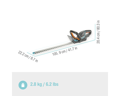 Akumulátorové nůžky na živý plot Gardena s rozměry