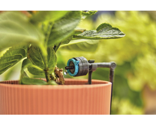 Kapková závlaha s nastavitelným kapátkem na rostlině v květináči