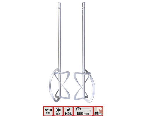 Dva míchadla na maltu, průměr 120 mm, šestihranný úchyt, vhodné pro 140 litrů, délka 550 mm