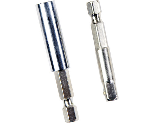 Dva šroubovací bity z kovu, jeden s magnetickým držákem bitů