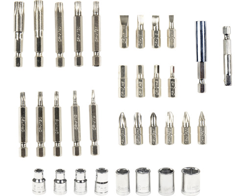 Různé šroubovací bity a nástrčné klíče z oceli