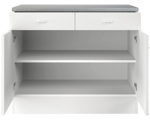 Skříňka pod umyvadlo se dvěma zásuvkami, dvěma otevřenými dvířky a policemi