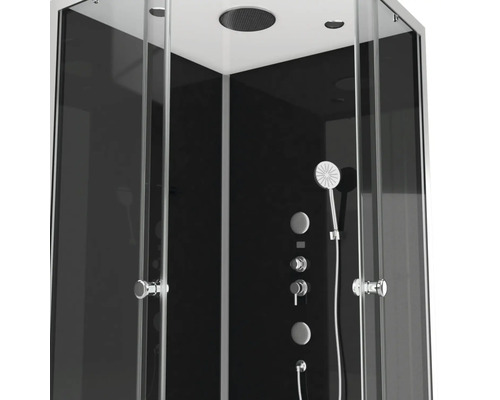 Sprchový kout s sprchovou hlavicí, armaturami a skleněnými posuvnými dveřmi
