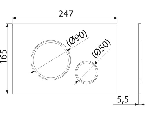 Technický nákres ovládacího panelu o rozměrech 247 x 165 x 5,5 mm a dvou tlačítek o průměrech 90 mm a 50 mm