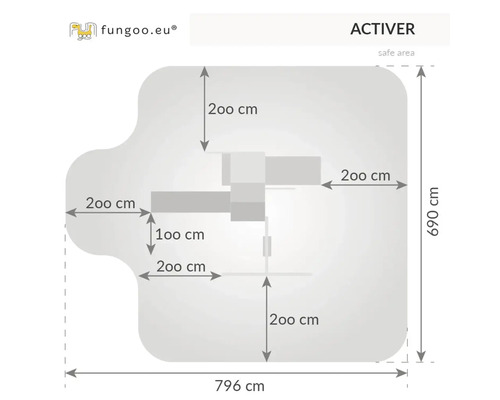 Půdorys hřiště Activer o rozměrech 796 x 690 centimetrů.