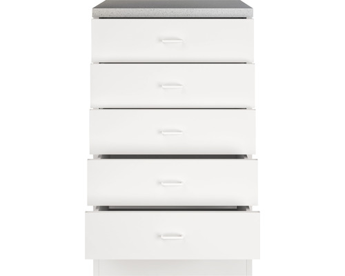 Bílá skříňka se zásuvkami s pěti zásuvkami a šedou deskou