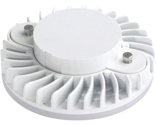 Detailní pohled na kulaté LED svítidlo s chladicími žebry a upevňovacími šrouby