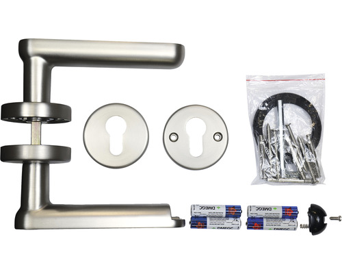 Sada nerezového kování dveří s klikou, rozetami, upevňovacím materiálem a bateriemi