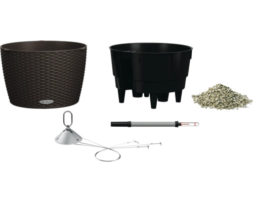 Obrázek proutěného květináče, vložky pro rostliny s nožičkami, drenážní vrstvy, vlhkoměru a zavlažovacího systému.