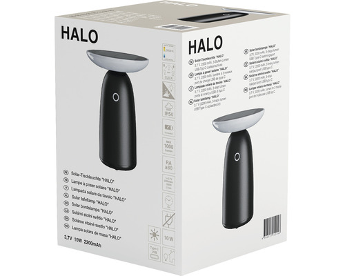 Balení černé solární stolní lampy Halo