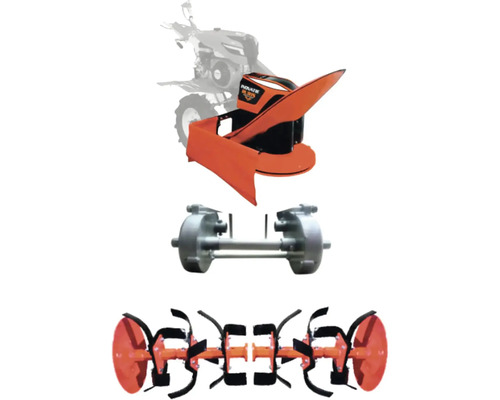 Sada přídavných zařízení pro rotační kypřič, skládající se z frézy, převodovky a nápravy