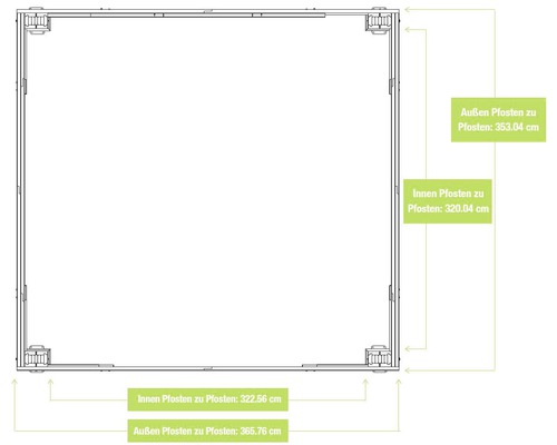 Pohled shora na zahradní domek s rozměry vnitřních a vnějších sloupků