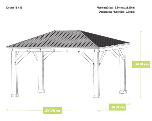 Technický nákres altánu Devon 12 x 16 s rozměry tloušťky sloupků a střechy.