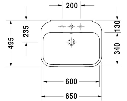 Technický nákres umyvadla s rozměry