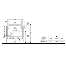 Technický nákres umyvadla s rozměry v milimetrech