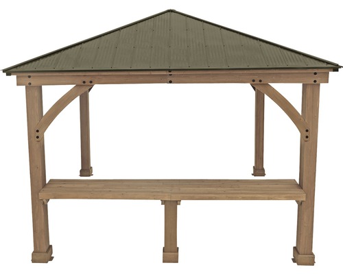 Volně stojící zahradní altán s kovovou střechou a dřevěnými trámy