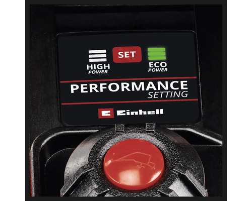 Detailní záběr nastavení výkonu s možnostmi High Power, Set a Eco Power a také logem Einhell.