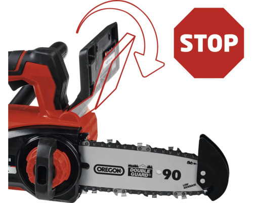 Ilustrace řetězové pily s bezpečnostními prvky a značkou stop.