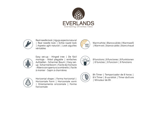 Logo Everlands, stálezelené vánoční stromky, vzhled jehličí, snadná montáž, horizontální tvar, 400 LED teplá bílá, 8 funkcí, časovač na 8 hodin