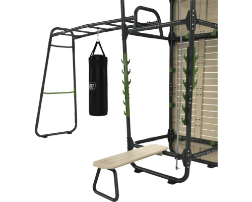 Multifunkční tréninková stanice s hrazdou, boxovacím pytlem a lavicí na cvičení pro všestranný fitness trénink
