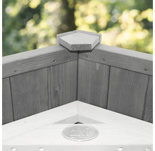 Detailní pohled na dřevěný hrací domek s logem AXI by Paradiso.