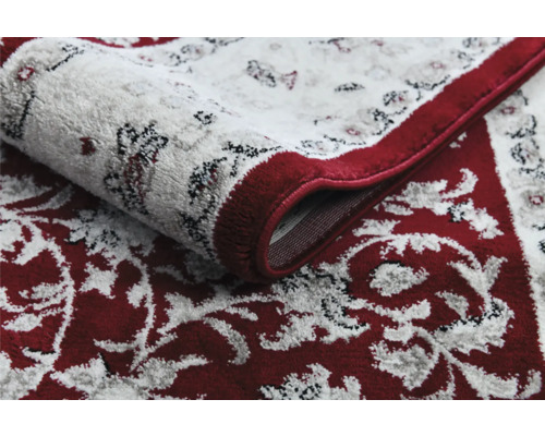 Detail vzorovaného koberce s květinovým designem a bordurou