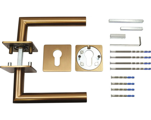 Sada kliky ke dveřím s čtyřhranem, klíčovými rozetami a upevňovacím materiálem