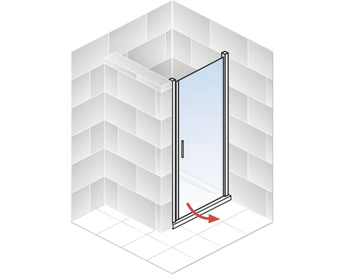 Otočná sprchová kabina s červenou šipkou označující rotační pohyb