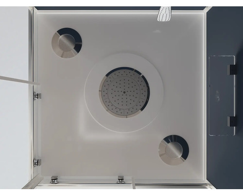 Pohled do sprchového boxu s horní sprchou a masážními tryskami.