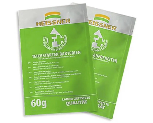 Dvě balení bakterií Heissner pro nastartování jezírka pro úpravu vody, každé o hmotnosti 60 gramů