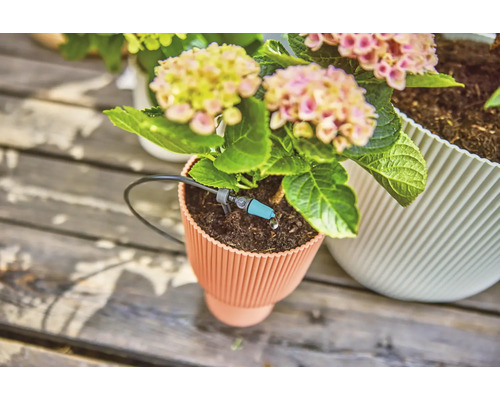 Květináč se zavlažovacím systémem a kvetoucí rostlinou na dřevěném povrchu