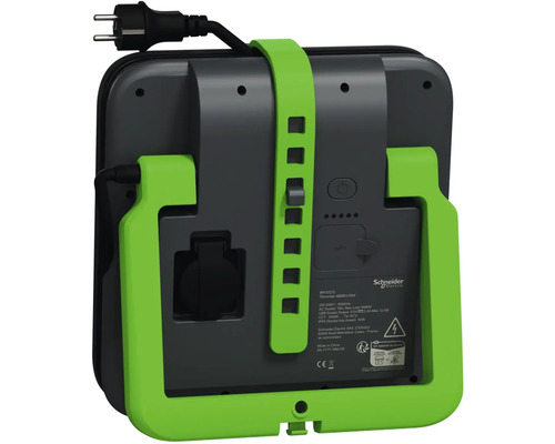 Logo Schneider Electric na přenosné nabíjecí stanici pro elektrická vozidla