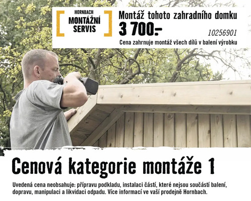 Montážní služba Hornbach pro zahradní domek. Obrázek zobrazuje řemeslníka montujícího dřevěný zahradní domek.