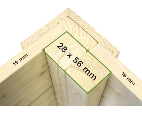 Detailní pohled na dřevěnou konstrukci o rozměrech 28 x 56 milimetrů a 19 milimetrů.