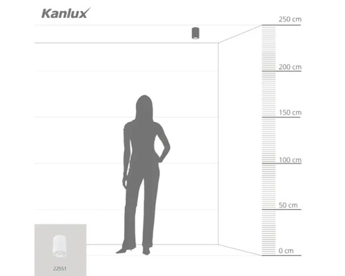 Diagram stropního svítidla s rozměry a osobou pro srovnání velikosti
