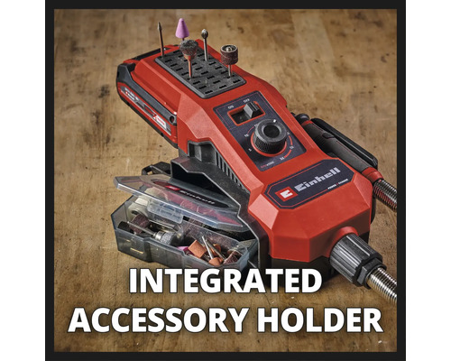 Logo společnosti Einhell. Multifunkční nástroj s integrovaným držákem příslušenství.