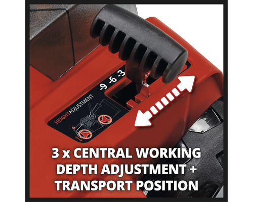 Nastavení výšky s centrálním nastavením hloubky záběru a transportní polohou