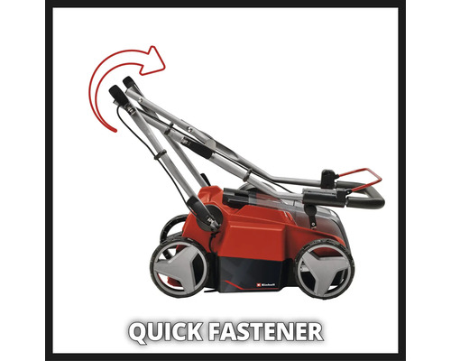 Logo společnosti Einhell. Skládací sekačka na trávu s rychloupínáky.