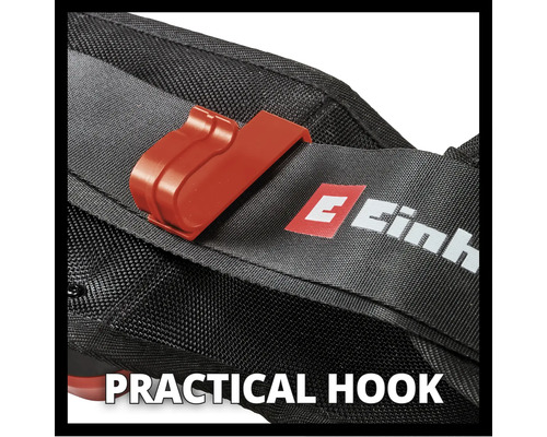 Detail brašny na nářadí Einhell s praktickým hákem.