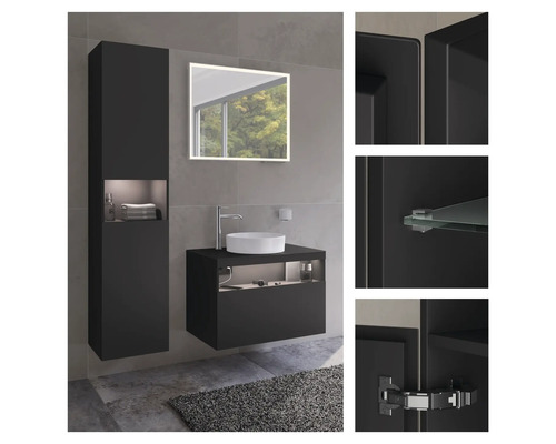 Moderní koupelnový komplet s umyvadlem, zrcadlem a vysokou skříní