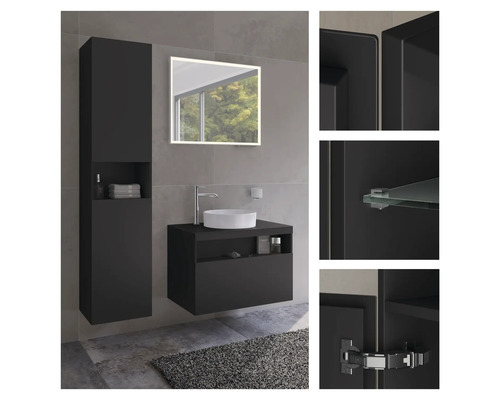 Koupelna s umyvadlem, zrcadlovou skříňkou a vysokou skříňkou v tmavém provedení