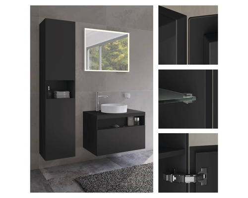 Moderní koupelnový komplet s umyvadlem, umyvadlovou mísou, zrcadlovou skříňkou a vysokou skříní