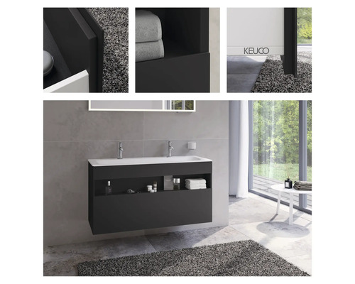 Moderní koupelna s umyvadlovou skříňkou, umyvadlem na desku a policí