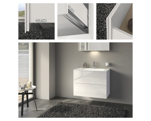 Koupelna s bílou skříňkou pod umyvadlo se dvěma zásuvkami a odpovídající zrcadlovou skříňkou