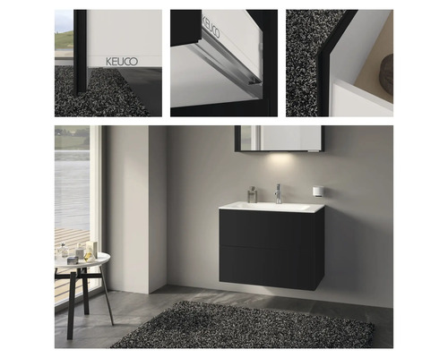 Koupelna s černou skříňkou pod umyvadlo, umyvadlem a zrcadlem od firmy Keuco