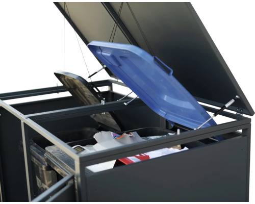 Kontejner na popelnice s otevřenými víky a popelnicemi