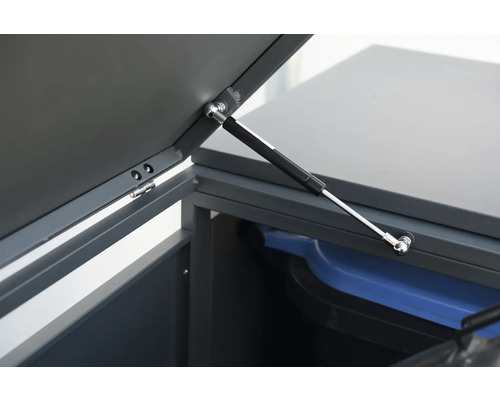 Detailní pohled na box na popelnice s otevřeným víkem a plynovou pružinou