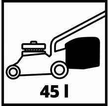 Symbol sekačky na trávu s objemem sběrného koše 45 litrů