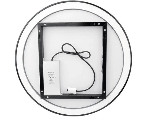 Zadní strana kulatého zrcadla s rámem, včetně LED osvětlení, napájecího kabelu a montážní konzoly