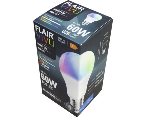 Balení chytré LED žárovky Flair Viyu A60 E27 s výkonem 8,5 W, ekvivalentem 60 W a svítivostí 806 lumenů
